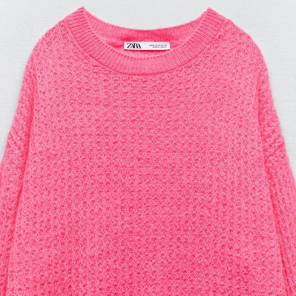 NEW Zara Light Weight Oversized Open Knit Longline Tunic Sweater Neon Pink M - Picture 9 of 9
